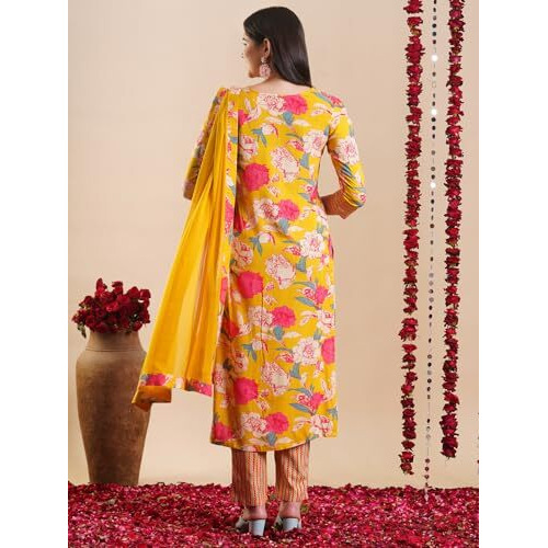 ANNI DESIGNER Women's Rayon Blend Straight Printed Kurta with Pant & Dupatta (GANITA MUSTARD-VKS01_XL_Mustard_X-Large)
