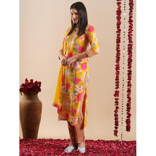 ANNI DESIGNER Women's Rayon Blend Straight Printed Kurta with Pant & Dupatta (GANITA MUSTARD-VKS01_XL_Mustard_X-Large)