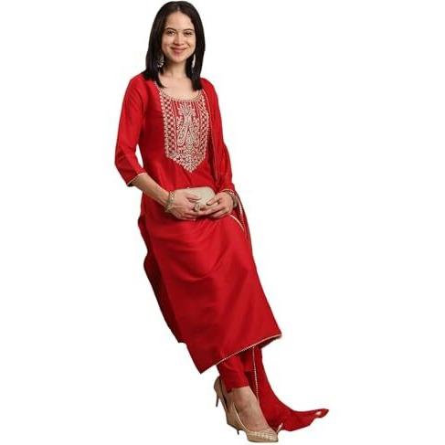 ANNI DESIGNER Women's Rayon Blend Straight Embroidered Kurta with Pant & Dupatta (SHARBATI RED_S_Red_Small)