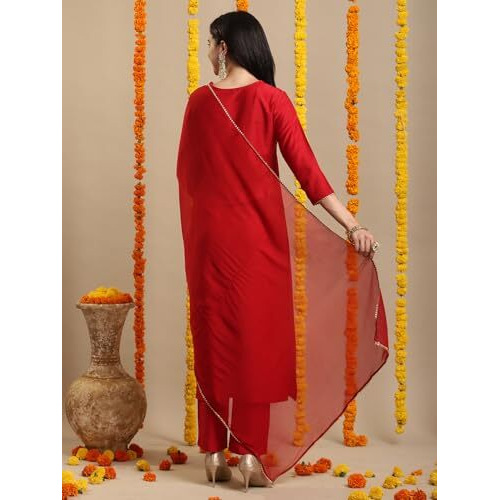 ANNI DESIGNER Women's Rayon Blend Straight Embroidered Kurta with Pant & Dupatta (SHARBATI RED_S_Red_Small)