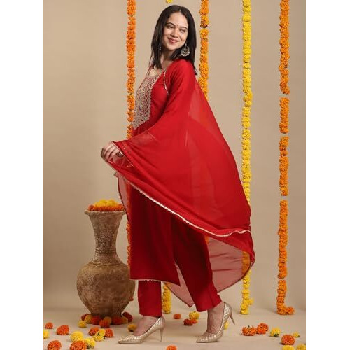 ANNI DESIGNER Women's Rayon Blend Straight Embroidered Kurta with Pant & Dupatta (SHARBATI RED_S_Red_Small)