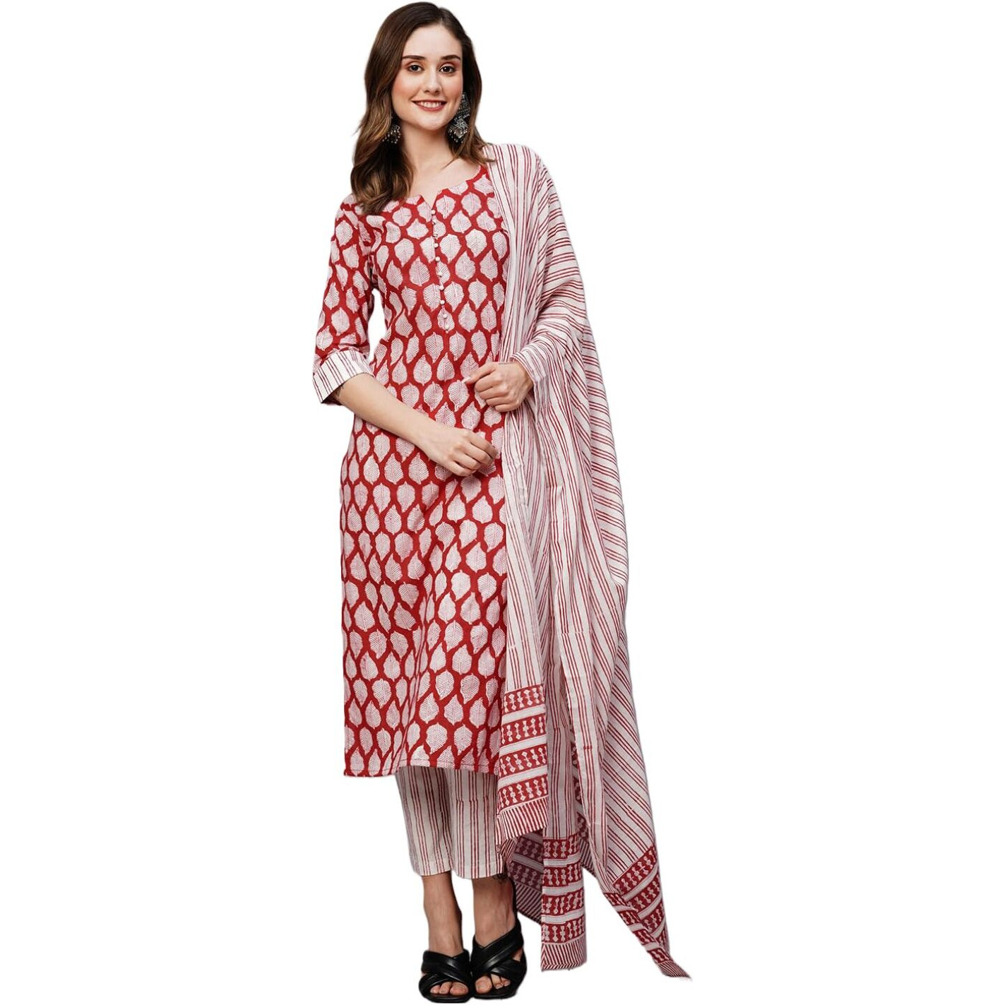 ANNI DESIGNER Women's Cotton Blend Staright Printed Kurta with Pant & Dupatta (Vedavati Red_M_Red_Medium)