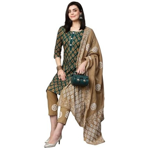 ANNI DESIGNER Women's Cotton Blend Printed Straight Kurta with Pant & Dupatta (Sayara-Green_M_Green_Medium)