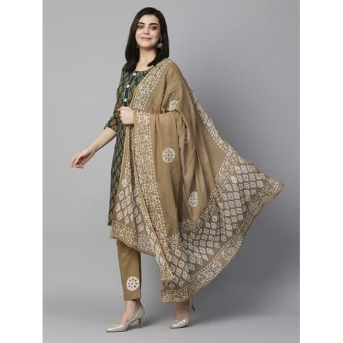 ANNI DESIGNER Women's Cotton Blend Printed Straight Kurta with Pant & Dupatta (Sayara-Green_M_Green_Medium)