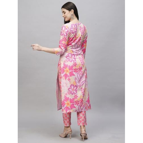 ANNI DESIGNER Women's Cotton Blend Straight Printed Kurta with Pant (Balu Pink_XL_Pink_X-Large)