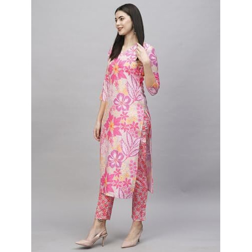 ANNI DESIGNER Women's Cotton Blend Straight Printed Kurta with Pant (Balu Pink_XL_Pink_X-Large)
