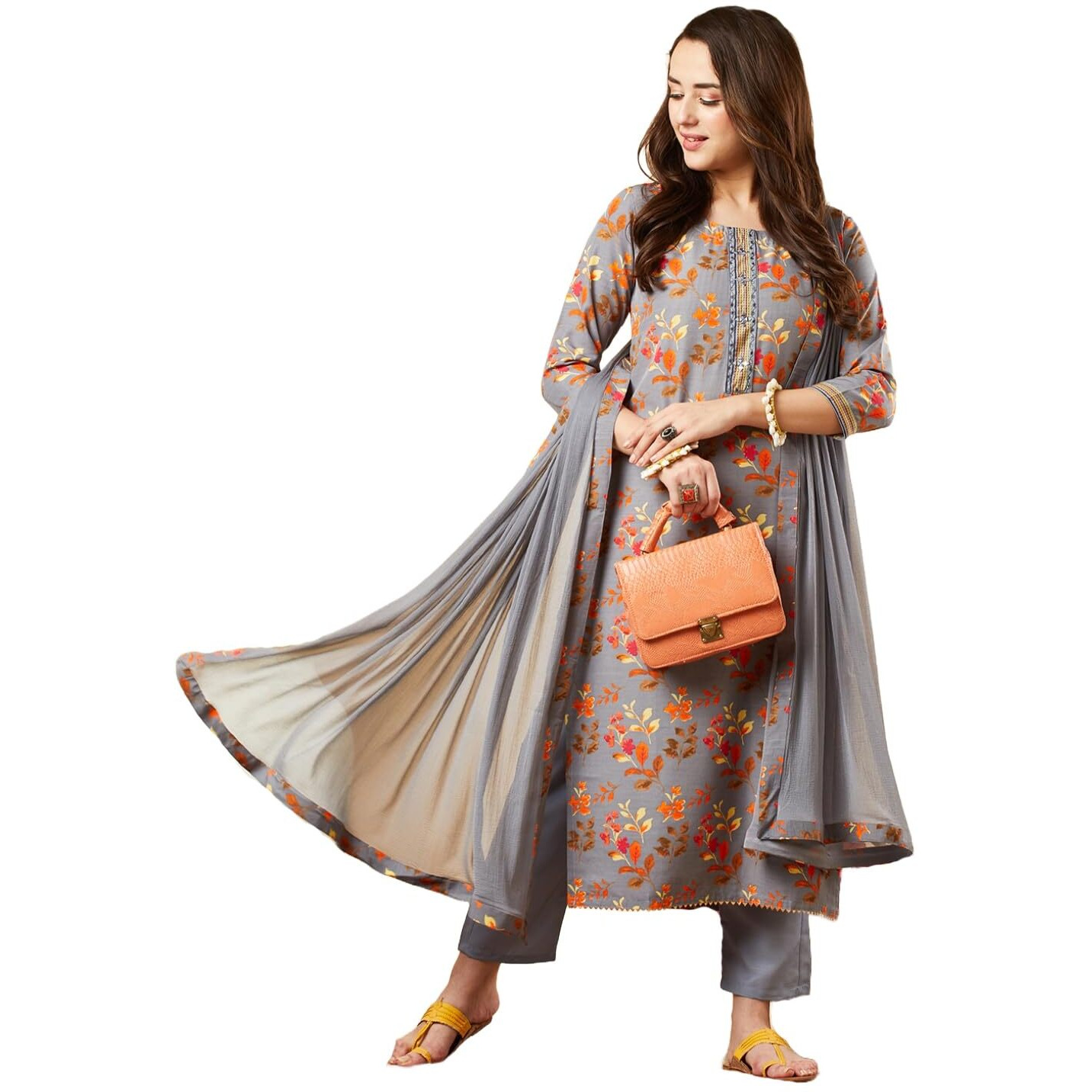 ANNI DESIGNER Women's Cotton Blend Printed Straight Kurta and Pant with Dupatta Set (KALEPING-Grey_XL_Grey_X-Large)
