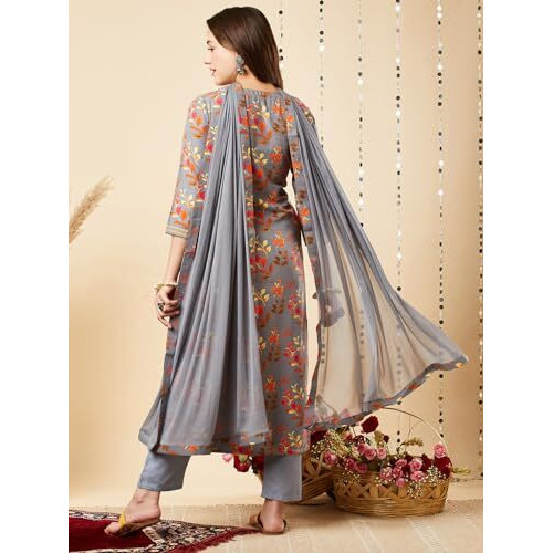 ANNI DESIGNER Women's Cotton Blend Printed Straight Kurta and Pant with Dupatta Set (KALEPING-Grey_XL_Grey_X-Large)