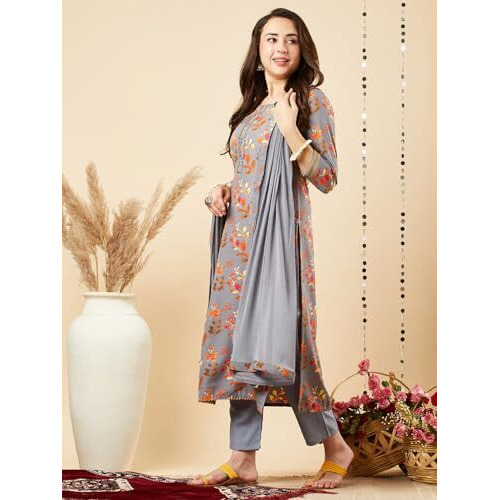 ANNI DESIGNER Women's Cotton Blend Printed Straight Kurta and Pant with Dupatta Set (KALEPING-Grey_XL_Grey_X-Large)