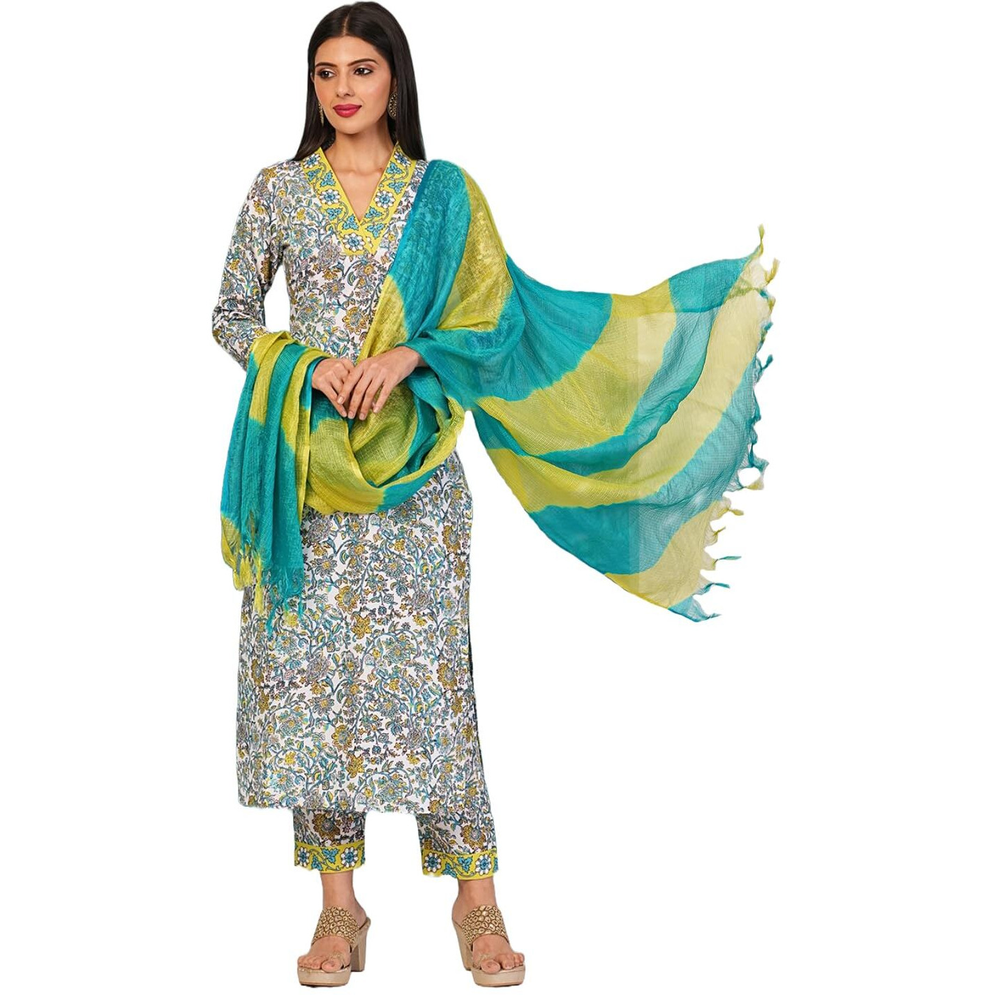 ANNI DESIGNER Women's Rayon Blend Printed Straight Kurta with Pant & Dupatta (Sthula Multi-NW_L_Green_Large)