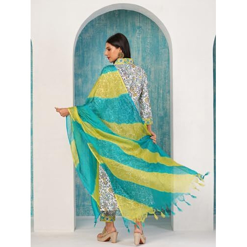 ANNI DESIGNER Women's Rayon Blend Printed Straight Kurta with Pant & Dupatta (Sthula Multi-NW_L_Green_Large)