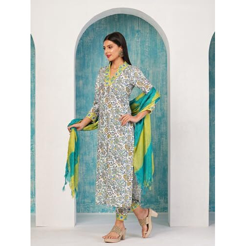 ANNI DESIGNER Women's Rayon Blend Printed Straight Kurta with Pant & Dupatta (Sthula Multi-NW_L_Green_Large)