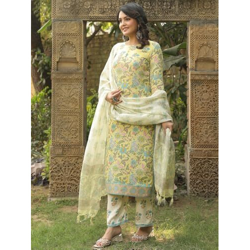 ANNI DESIGNER Women's Rayon Blend Straight Printed Kurta with Pant & Dupatta (RIBAS GREEN-VKS01_XL_Green_X-Large)