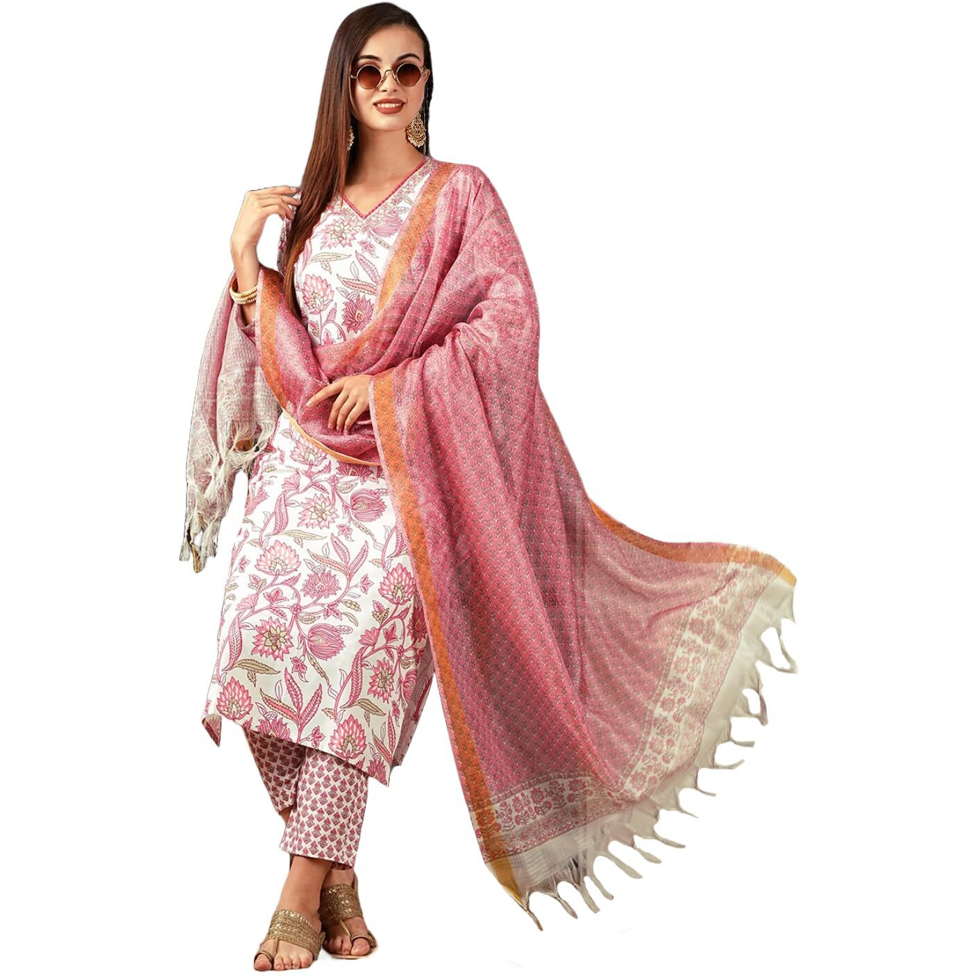 ANNI DESIGNER Women's Cotton Blend Straight Printed Kurta with Pant & Dupatta (Gojari Peach_XL_Peach_X-Large)