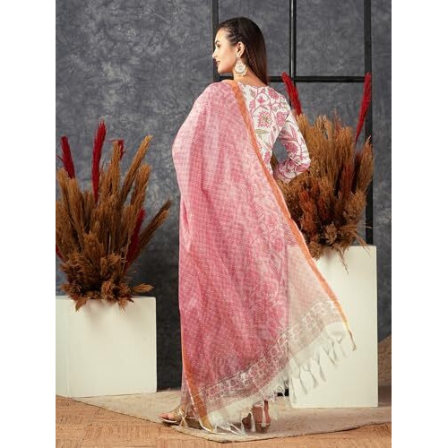 ANNI DESIGNER Women's Cotton Blend Straight Printed Kurta with Pant & Dupatta (Gojari Peach_XL_Peach_X-Large)