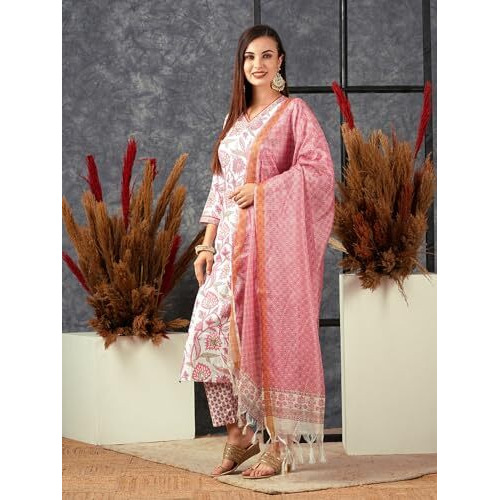 ANNI DESIGNER Women's Cotton Blend Straight Printed Kurta with Pant & Dupatta (Gojari Peach_XL_Peach_X-Large)