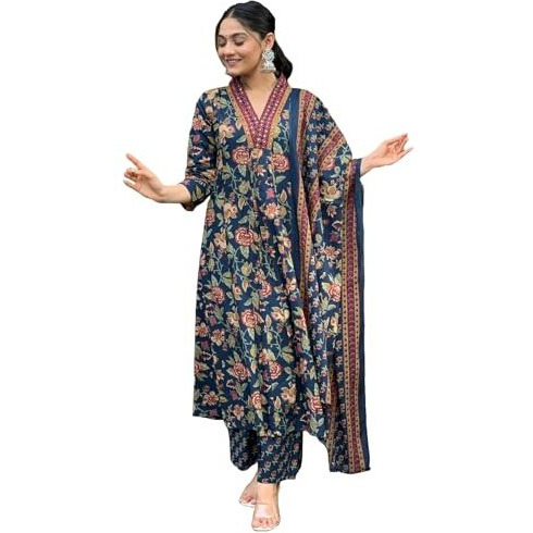 ANNI DESIGNER Women's Rayon Blend Anarkali Printed Kurta with Palazzo & Dupatta (CIA Blue_S_Blue_Small)
