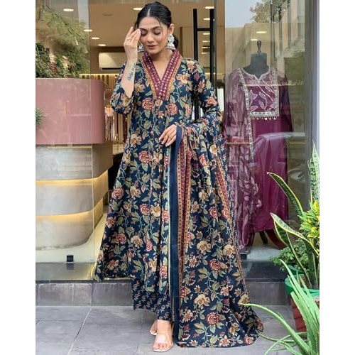 ANNI DESIGNER Women's Rayon Blend Anarkali Printed Kurta with Palazzo & Dupatta (CIA Blue_S_Blue_Small)