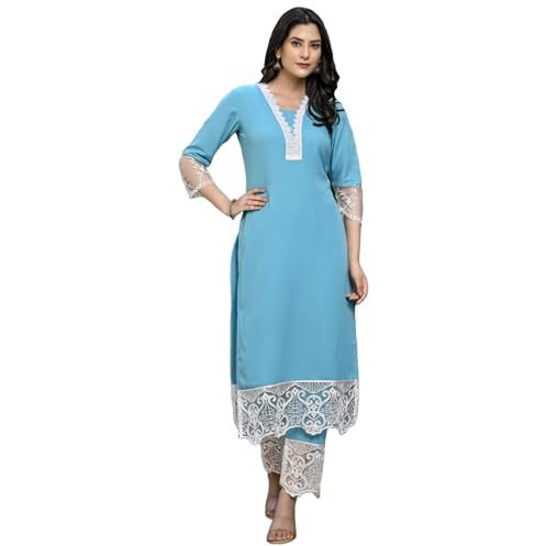 ANNI DESIGNER Women's Cotton Blend Straight Solid Kurta with Pant (Takada Sky Blue-NW_S_Sky Blue_Small)