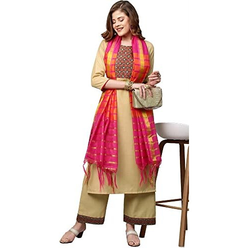 ANNI DESIGNER Women's Cotton Blend Kurta with Palazzo & Dupatta (Zuri_Beige_XL)