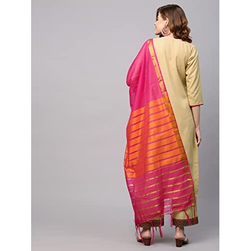 ANNI DESIGNER Women's Cotton Blend Kurta with Palazzo & Dupatta (Zuri_Beige_XL)