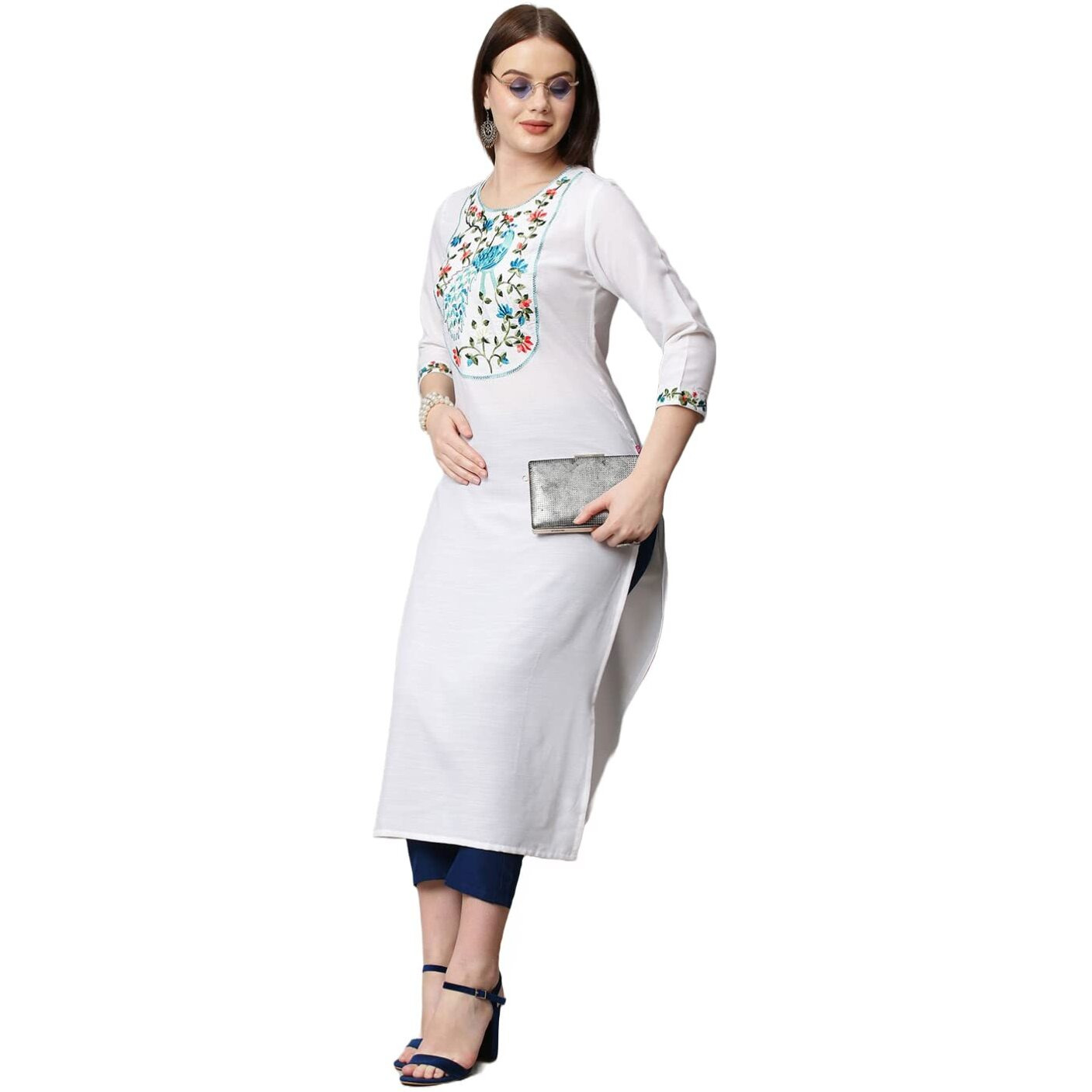 ANNI DESIGNER Women's Cotton Blend Traditional Straight Solid Kurta and Pant Set (Dona White_XXL_White_XX-Large)