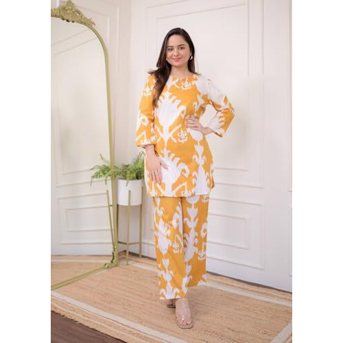 ANNI DESIGNER Women's Cotton Blend Printed Ethnic Co-ord Set (Minara Yellow-NW_S_Yellow_Small)