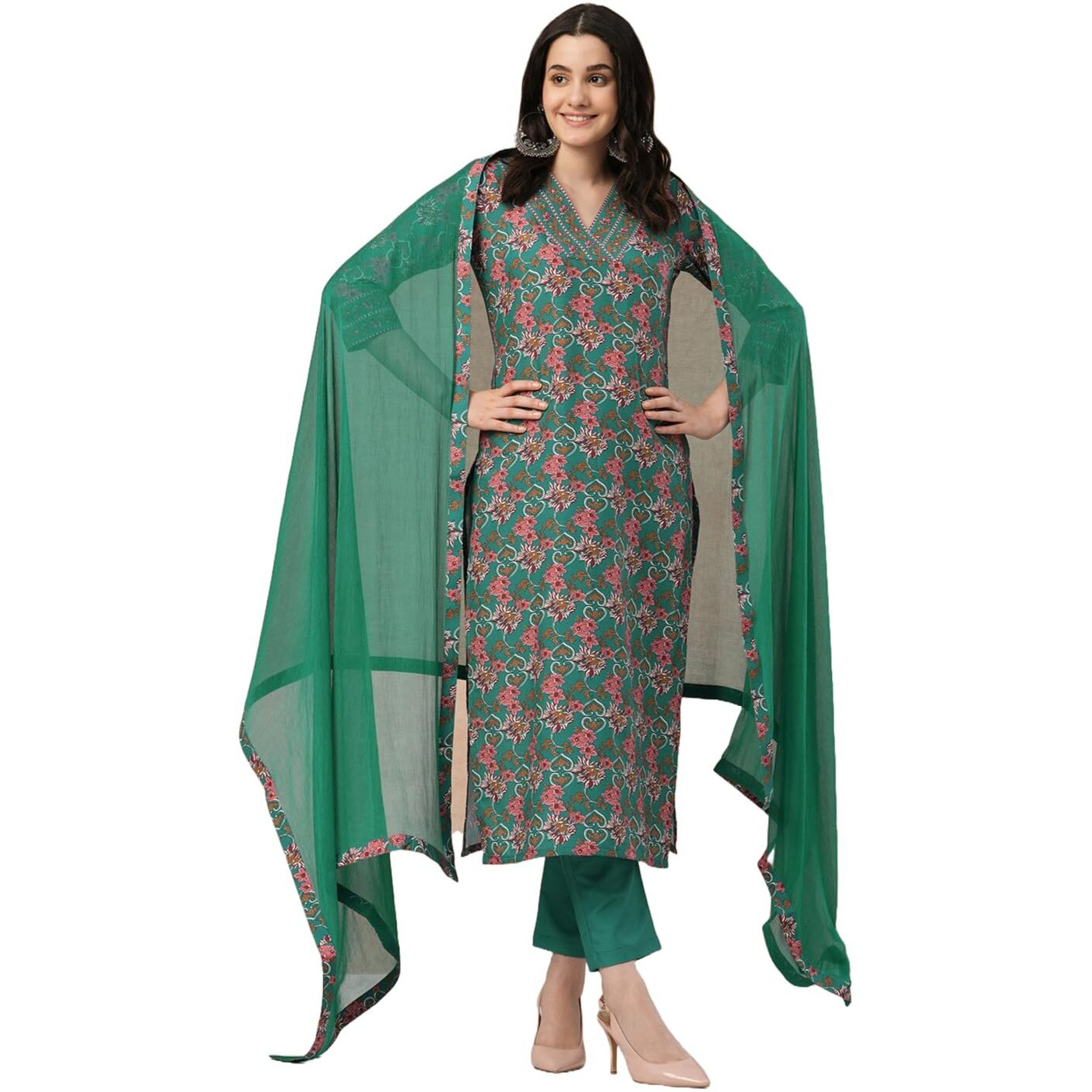 ANNI DESIGNER Women's Rayon Blend Straight Printed Kurta with Pant & Dupatta (Shaniya Green-NW_S_Green_Small)