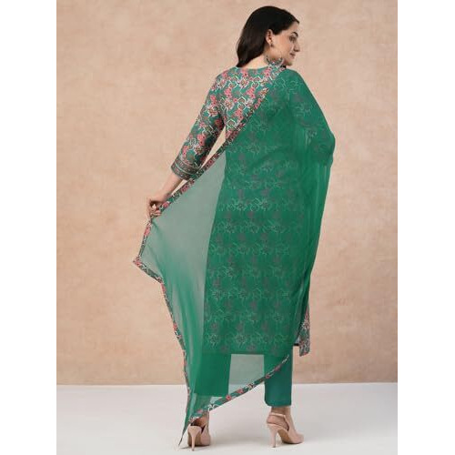 ANNI DESIGNER Women's Rayon Blend Straight Printed Kurta with Pant & Dupatta (Shaniya Green-NW_S_Green_Small)