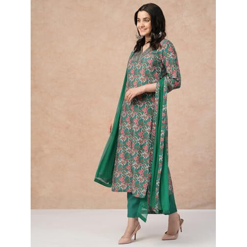 ANNI DESIGNER Women's Rayon Blend Straight Printed Kurta with Pant & Dupatta (Shaniya Green-NW_S_Green_Small)