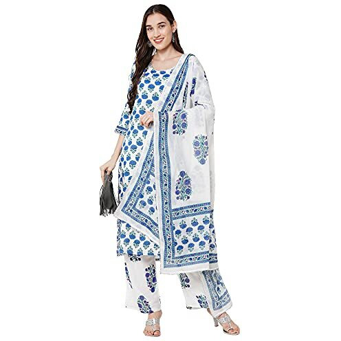 ANNI DESIGNER Women's Rayon Cotton Printed Kurta with Palazzo and Dupatta (Jaipuri Blue_STYL_XXL_Blue_XX-Large)