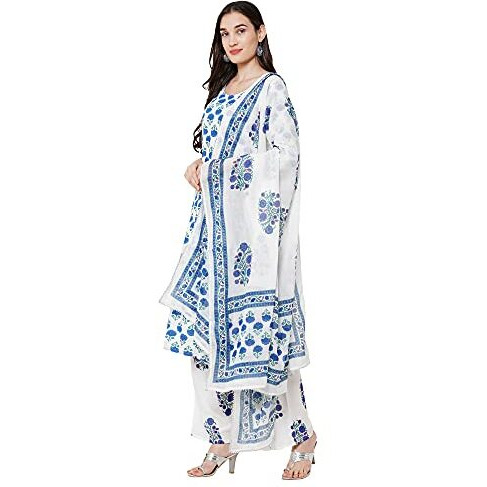 ANNI DESIGNER Women's Rayon Cotton Printed Kurta with Palazzo and Dupatta (Jaipuri Blue_STYL_XXL_Blue_XX-Large)