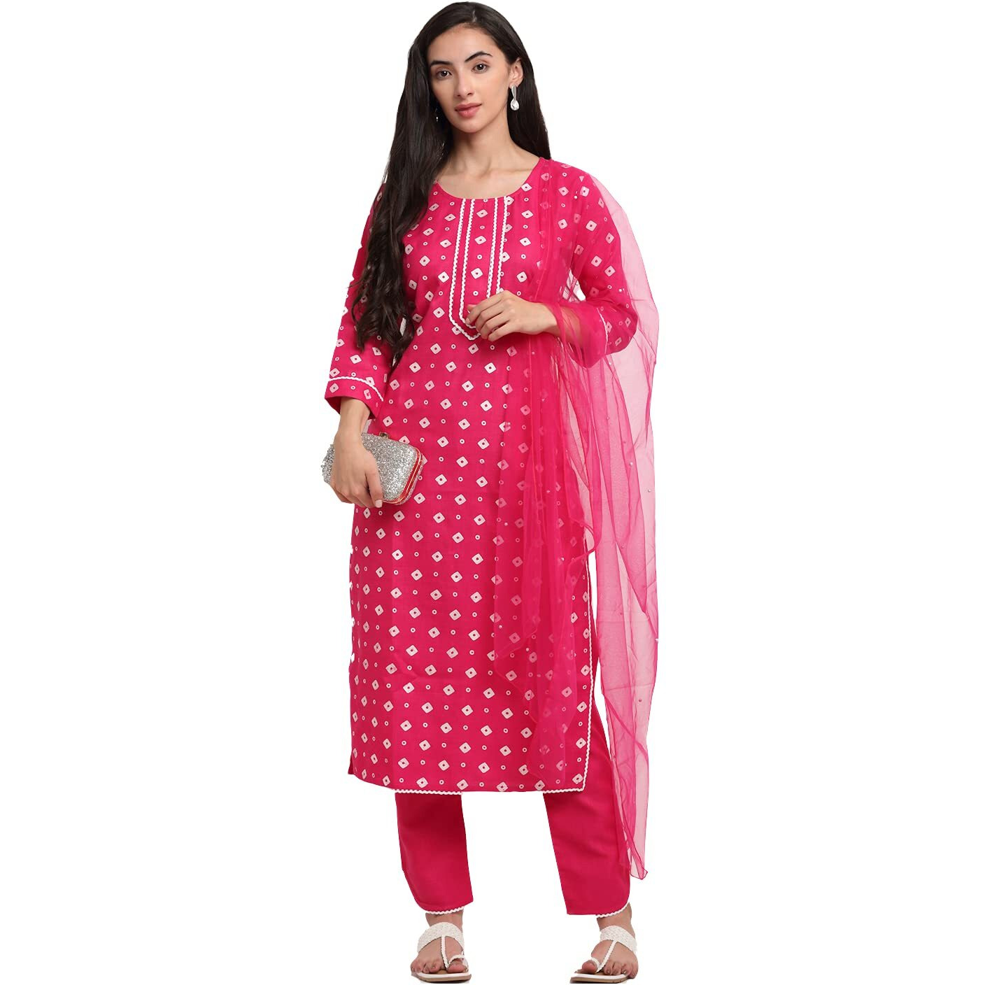 ANNI DESIGNER Women's Cotton Straight Kurta with Pant & Dupatta (SONA Pink_M_Pink_Medium)