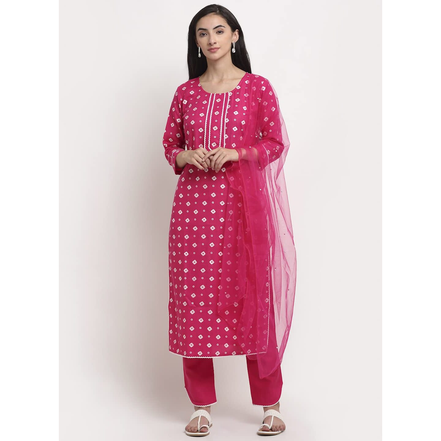 ANNI DESIGNER Women's Cotton Straight Kurta with Pant & Dupatta (SONA Pink_M_Pink_Medium)