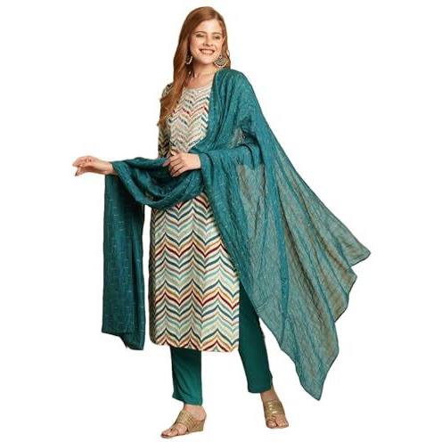 ANNI DESIGNER Women's Cotton Blend Straight Printed Kurta with Pant & Dupatta (Kamkoj Teal_S_Blue_Small)