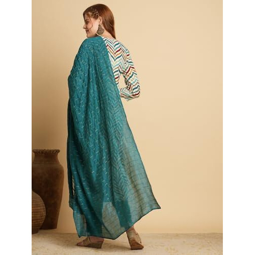 ANNI DESIGNER Women's Cotton Blend Straight Printed Kurta with Pant & Dupatta (Kamkoj Teal_S_Blue_Small)