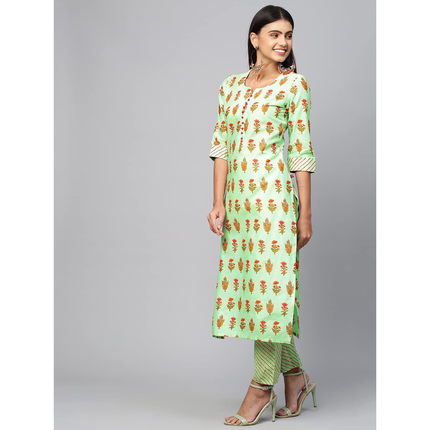 ANNI DESIGNER Women's Cotton Blend Straight Printed Kurta with Pant (Carto Green_L_Green_Large)
