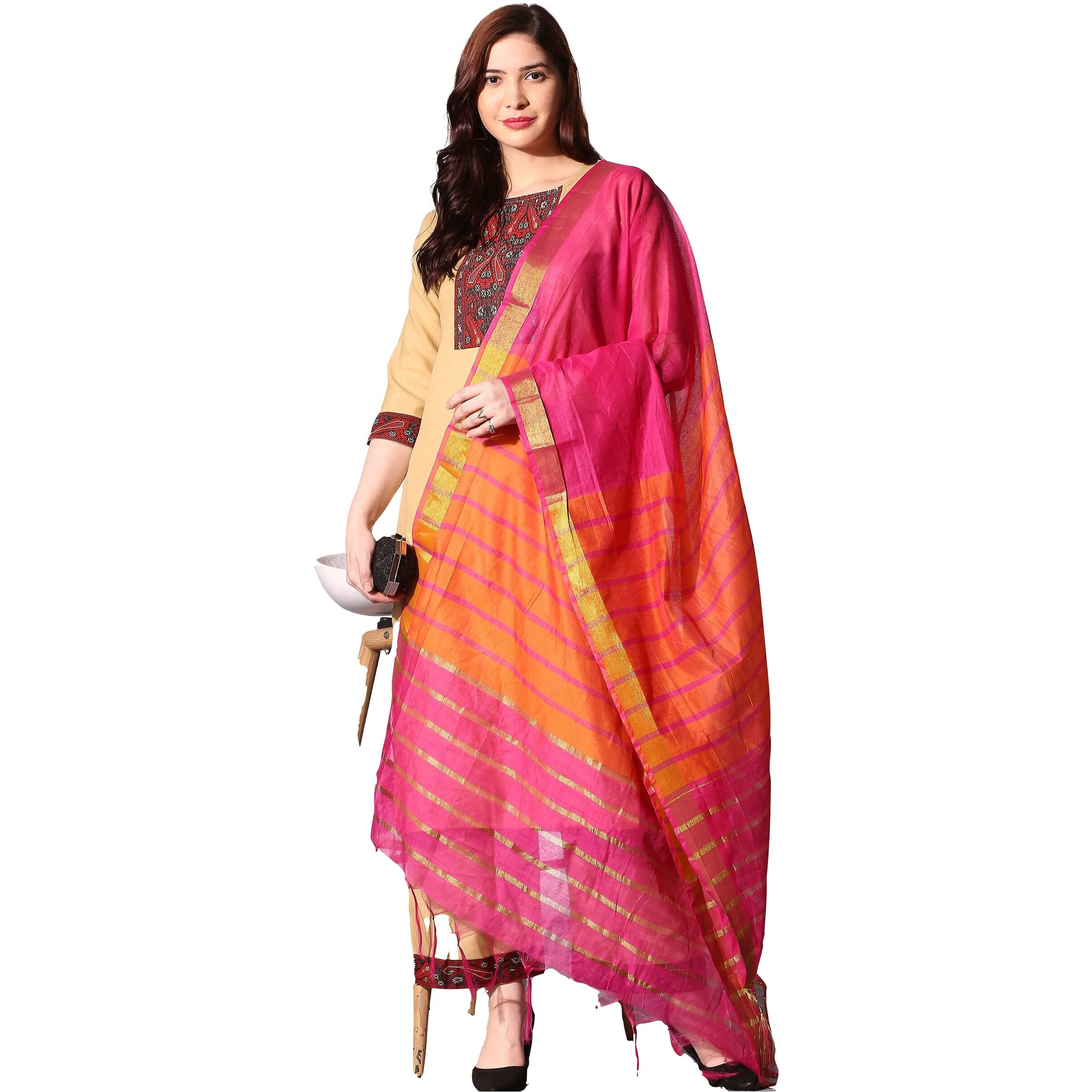 ANNI DESIGNER Women's Cotton Straight Kurta with Pant & Dupatta (KPTD-COT-10003-BEIGE_L_Beige_Large)