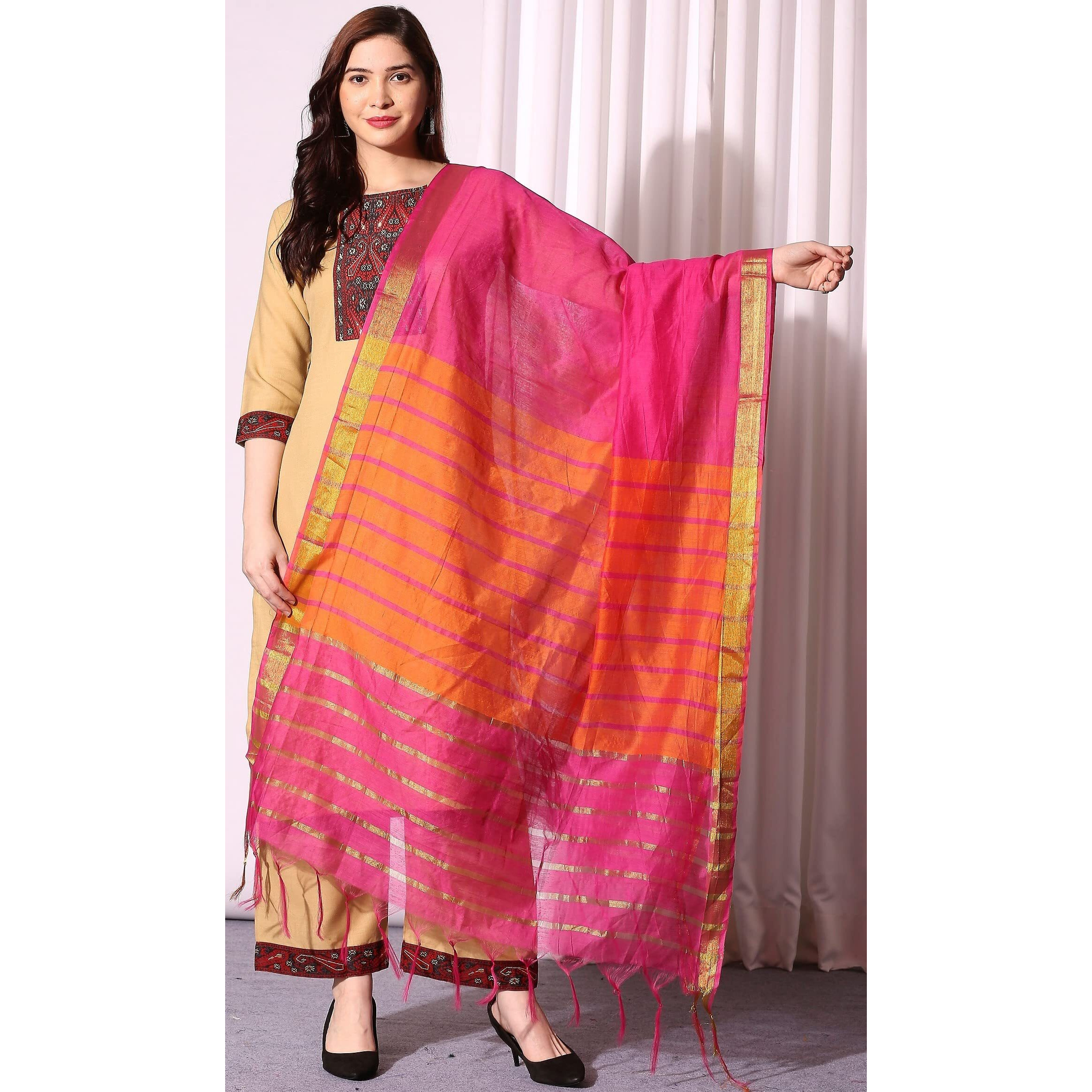ANNI DESIGNER Women's Cotton Straight Kurta with Pant & Dupatta (KPTD-COT-10003-BEIGE_L_Beige_Large)