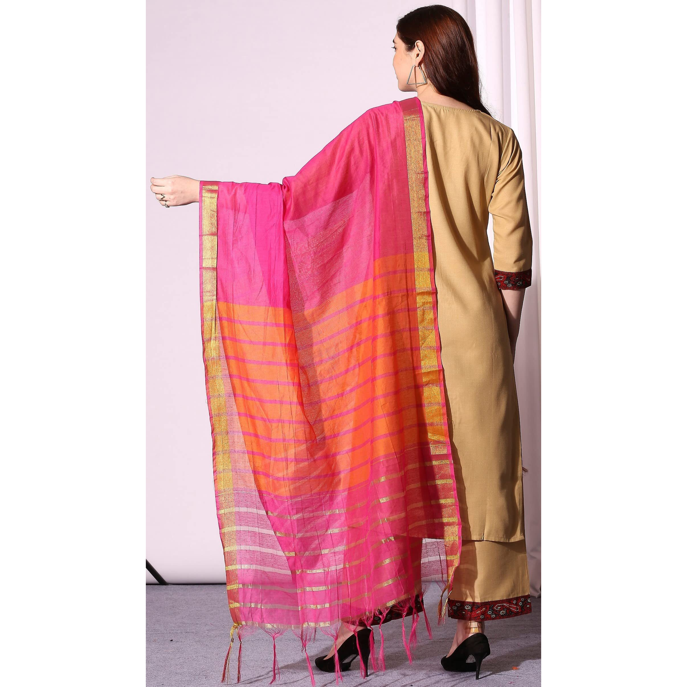 ANNI DESIGNER Women's Cotton Straight Kurta with Pant & Dupatta (KPTD-COT-10003-BEIGE_L_Beige_Large)