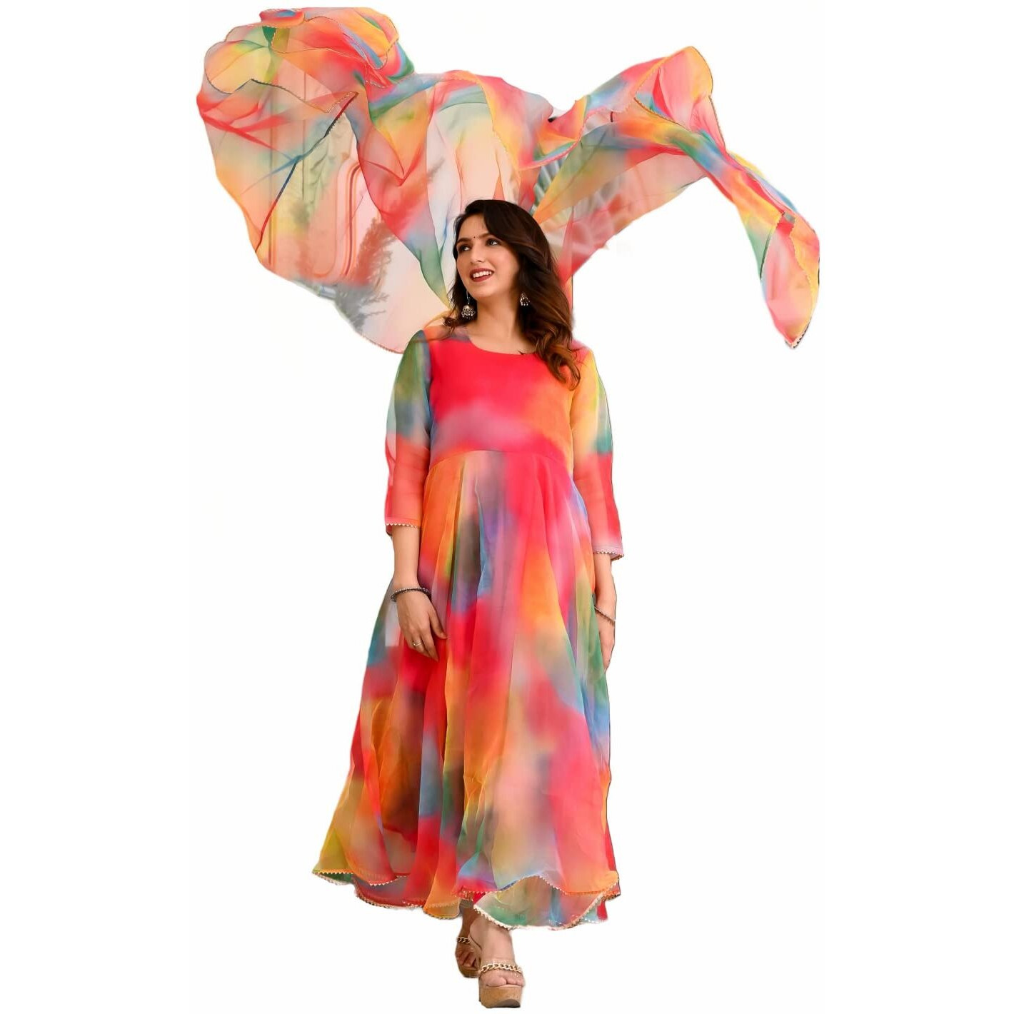 ANNI DESIGNER Women's Organza Anarkali Floral Printed Kurta with Pant & Dupatta (Chakrika-Multi-NW_4XL_Multi_XXXX-Large) Multicolour