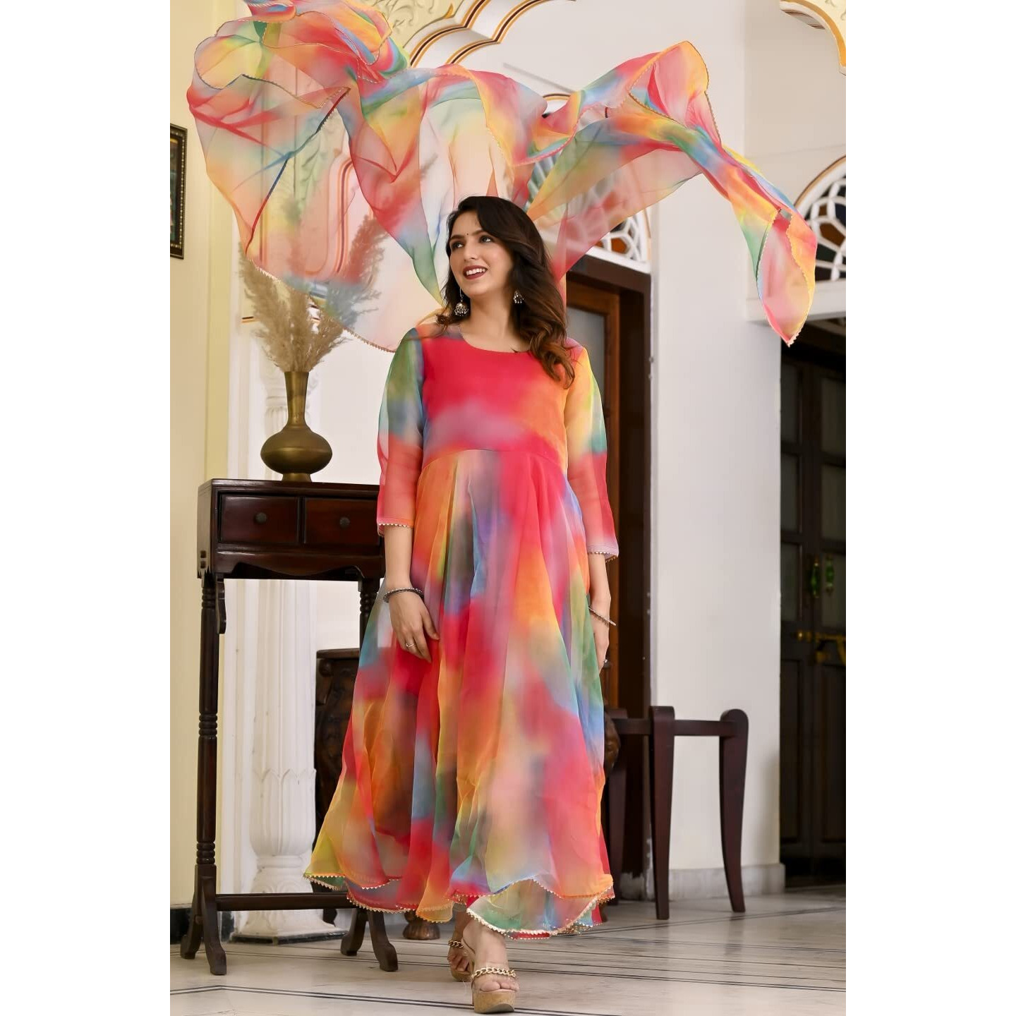 ANNI DESIGNER Women's Organza Anarkali Floral Printed Kurta with Pant & Dupatta (Chakrika-Multi-NW_4XL_Multi_XXXX-Large) Multicolour