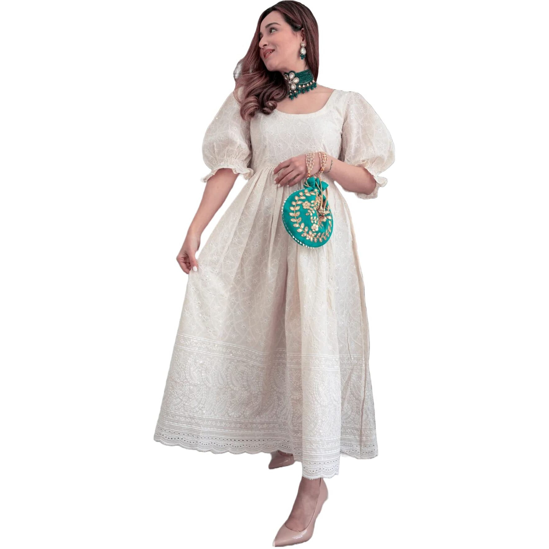 ANNI DESIGNER Women's Pure Cotton Chikankari Embroidered Anarkali Kurta (Shring Cream_L_Cream_Large)