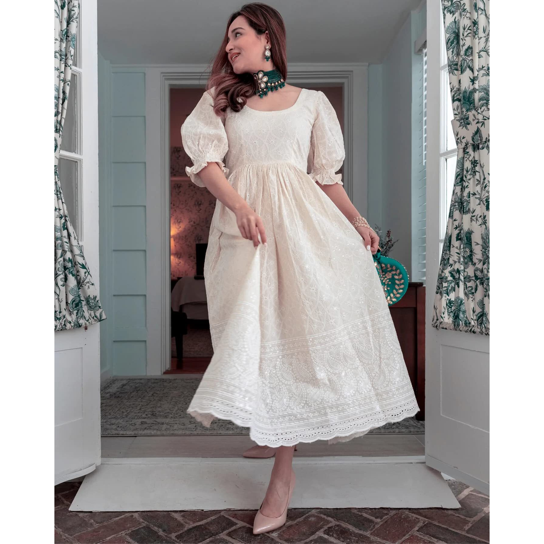 ANNI DESIGNER Women's Pure Cotton Chikankari Embroidered Anarkali Kurta (Shring Cream_L_Cream_Large)