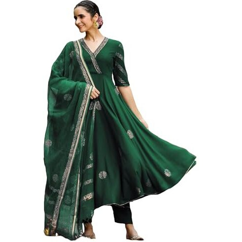 ANNI DESIGNER Women's Rayon Blend Anarkali Printed Kurta with Pant & Dupatta (Berlin Green_XXL_Green_XX-Large)