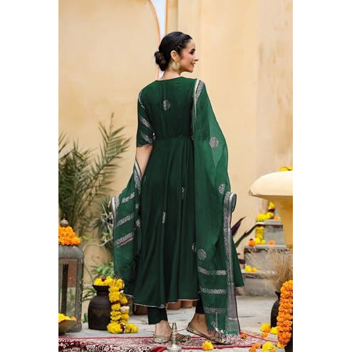 ANNI DESIGNER Women's Rayon Blend Anarkali Printed Kurta with Pant & Dupatta (Berlin Green_XXL_Green_XX-Large)