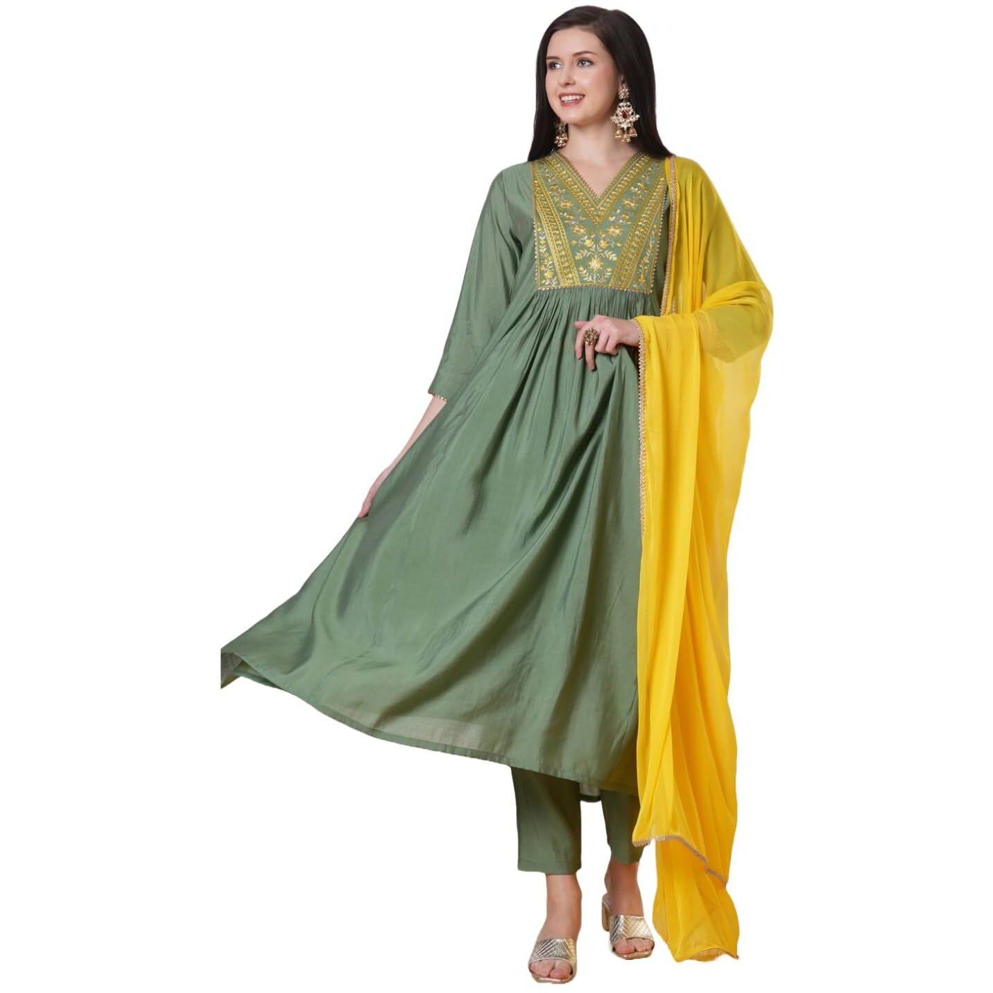 ANNI DESIGNER Women's Rayon Viscose Anarkali Embroidered Kurta with Pant & Dupatta (Padari Green_XL_Green_X-Large)
