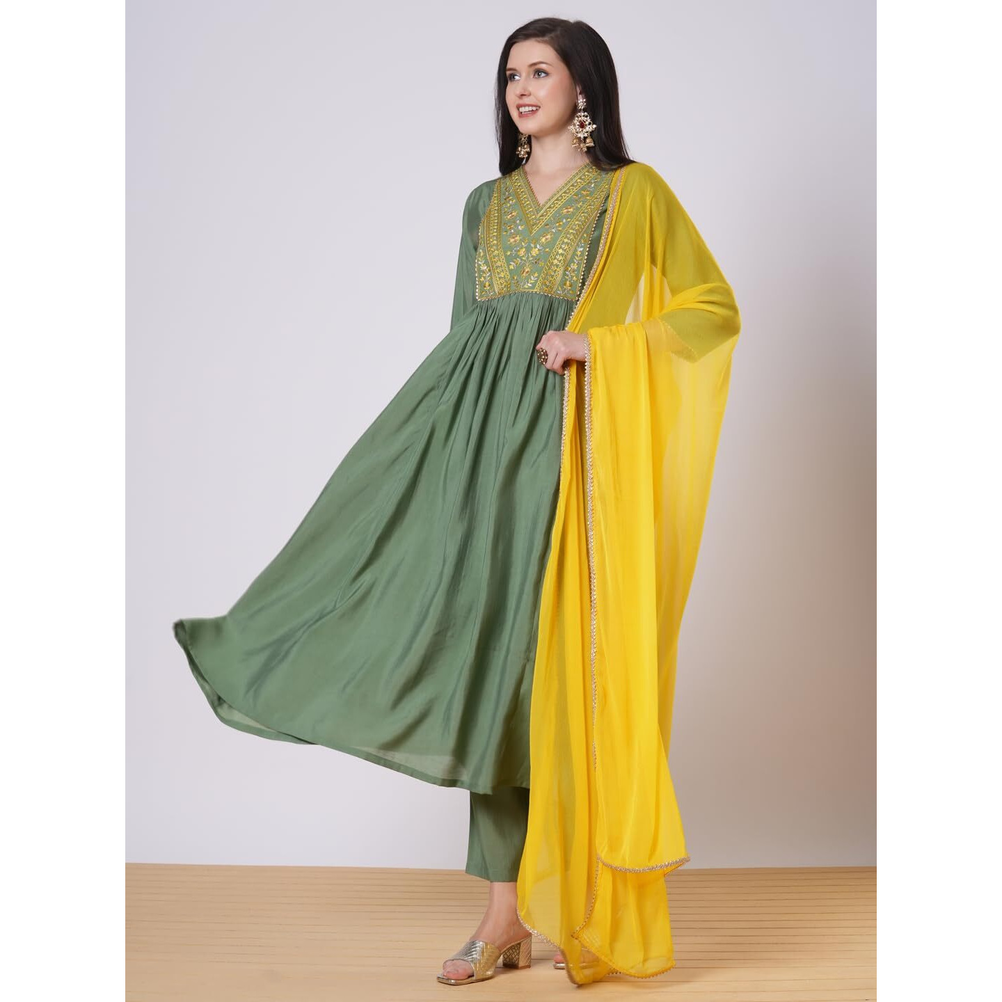ANNI DESIGNER Women's Rayon Viscose Anarkali Embroidered Kurta with Pant & Dupatta (Padari Green_XL_Green_X-Large)