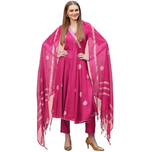 ANNI DESIGNER Women's Rayon Blend Anarkali Printed Kurta with Pant & Dupatta (Berlin PINK-VKS02_S_Pink_Small)