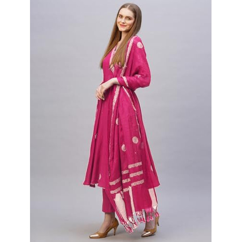 ANNI DESIGNER Women's Rayon Blend Anarkali Printed Kurta with Pant & Dupatta (Berlin PINK-VKS02_S_Pink_Small)